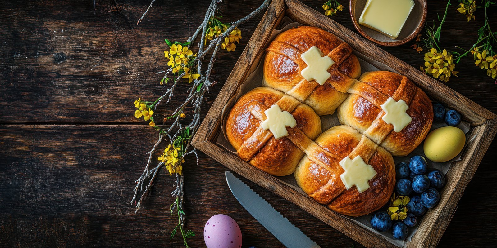 Freshly baked sweet rolls with decorative cross and festive toppings for spring celebration brunch